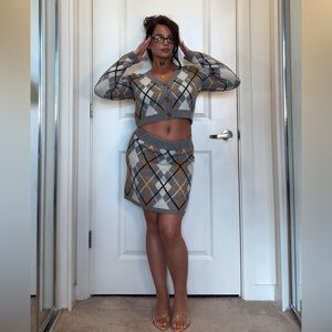 Gray Plaid Knit Skirt Set